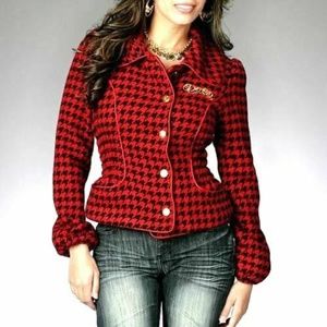 NEW Dereon Beyonce Y2K PEPLUM Houndstooth RED  Snap Wool Jacket Coat XL